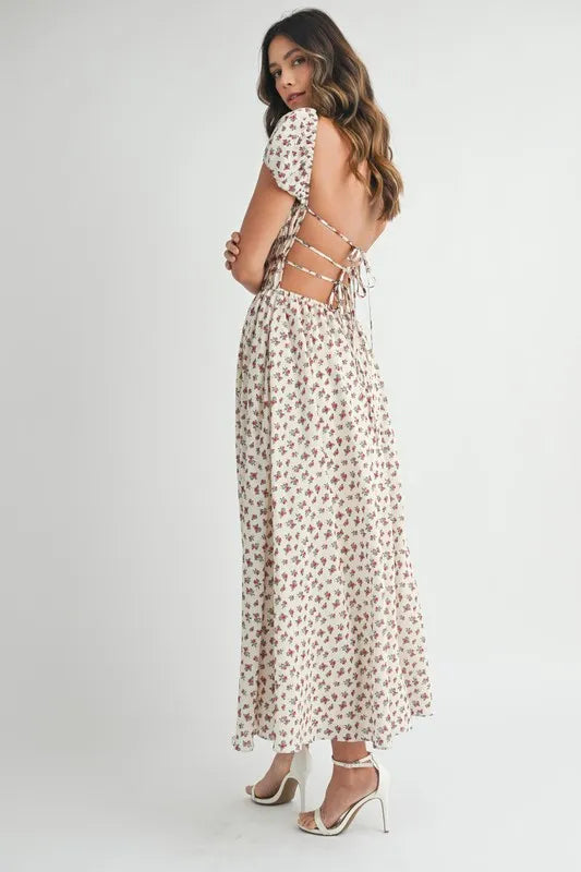MABLE Floral Print Puff Sleeve Gathered Midi Dress