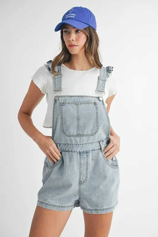 MABLE Square Neck Ruffle Shoulder Denim Overall Romper