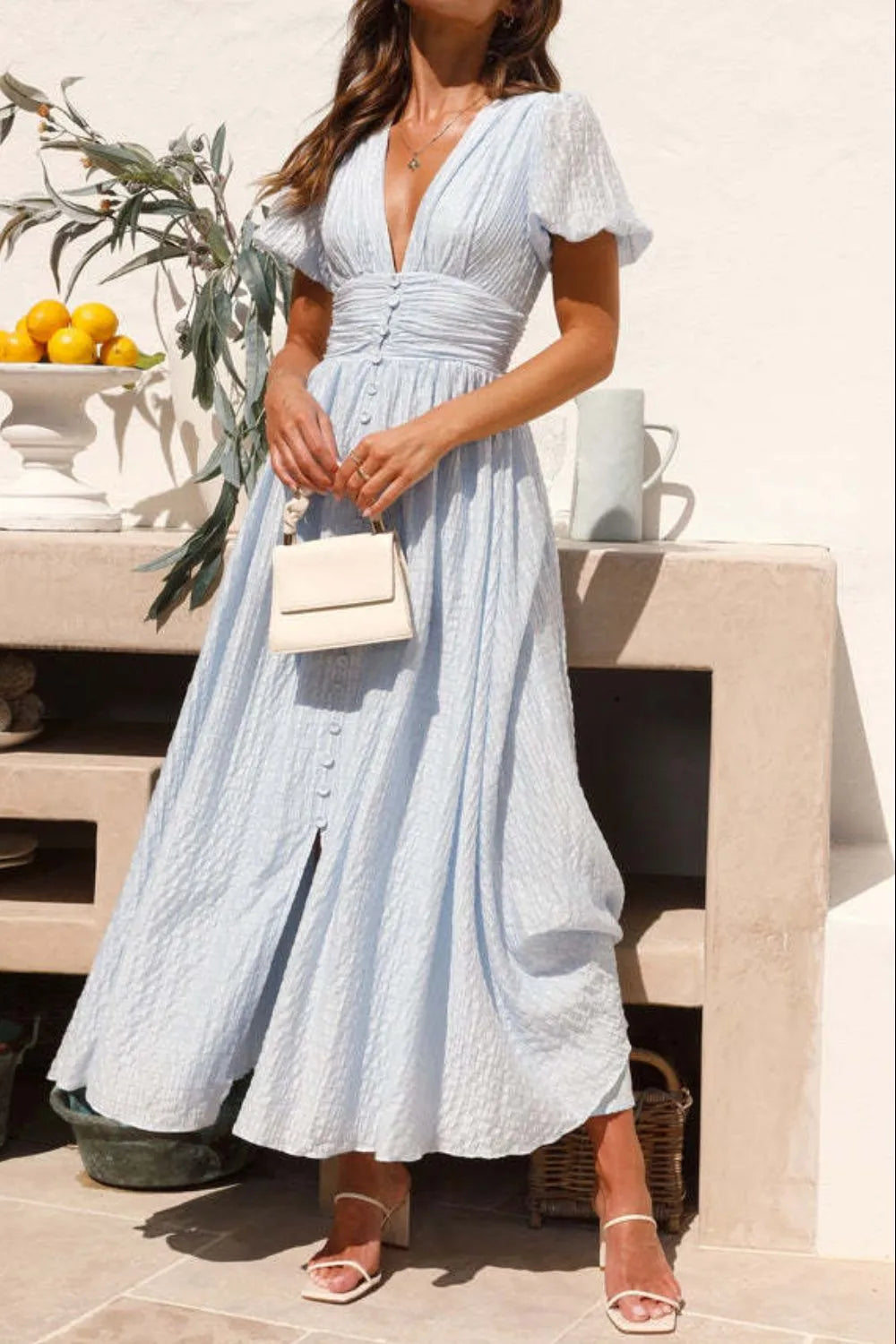 V-Neck Puff Short Sleeve Midi Dress