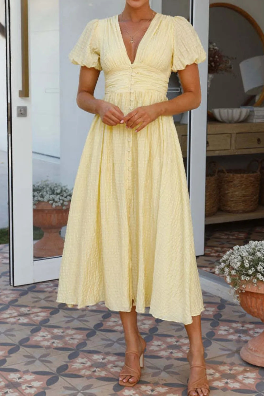 V-Neck Puff Short Sleeve Midi Dress