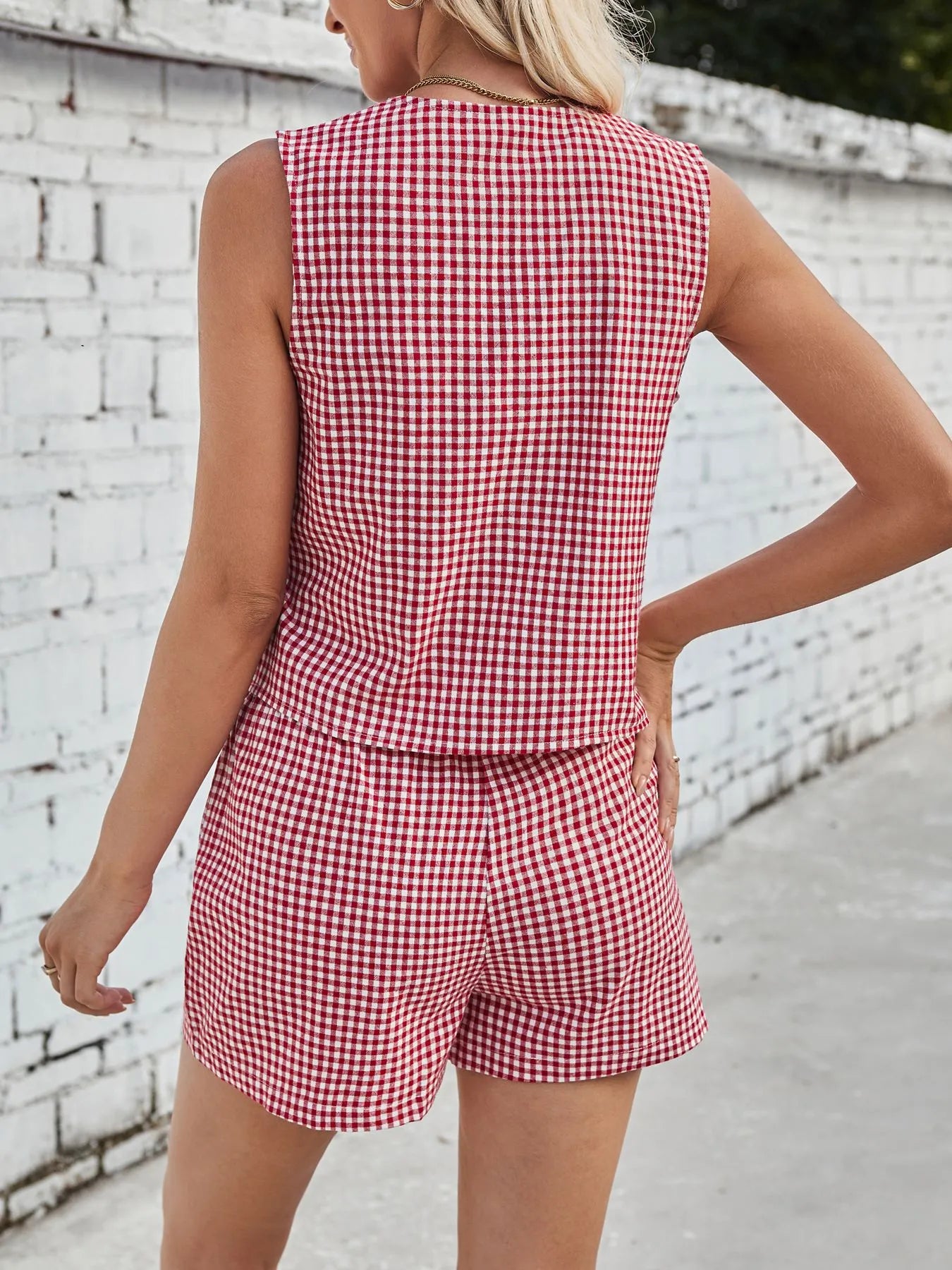 Gingham Print Tie Front Top and Shorts Set