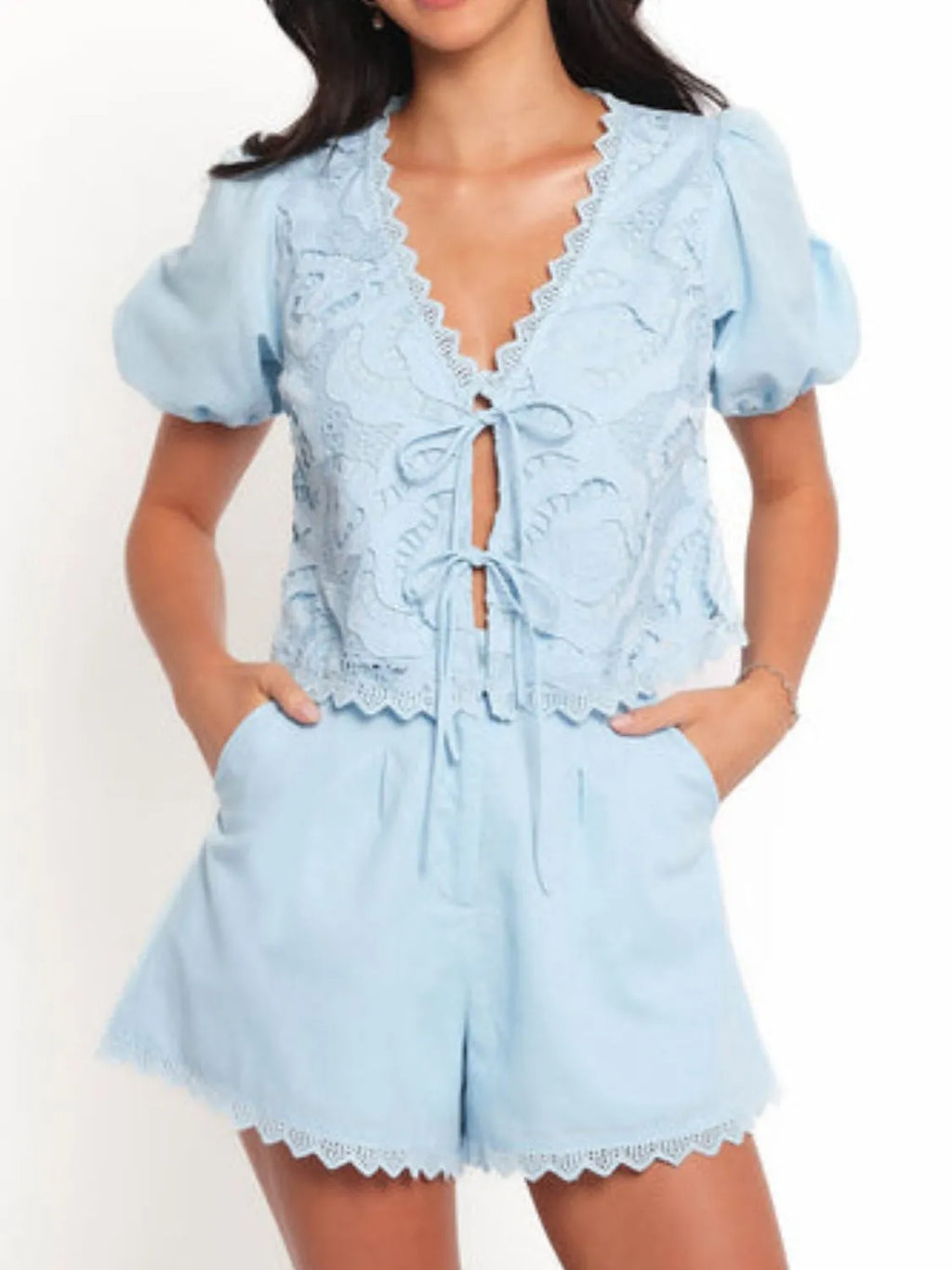 Lace Detail V-Neck Top and Shorts Set