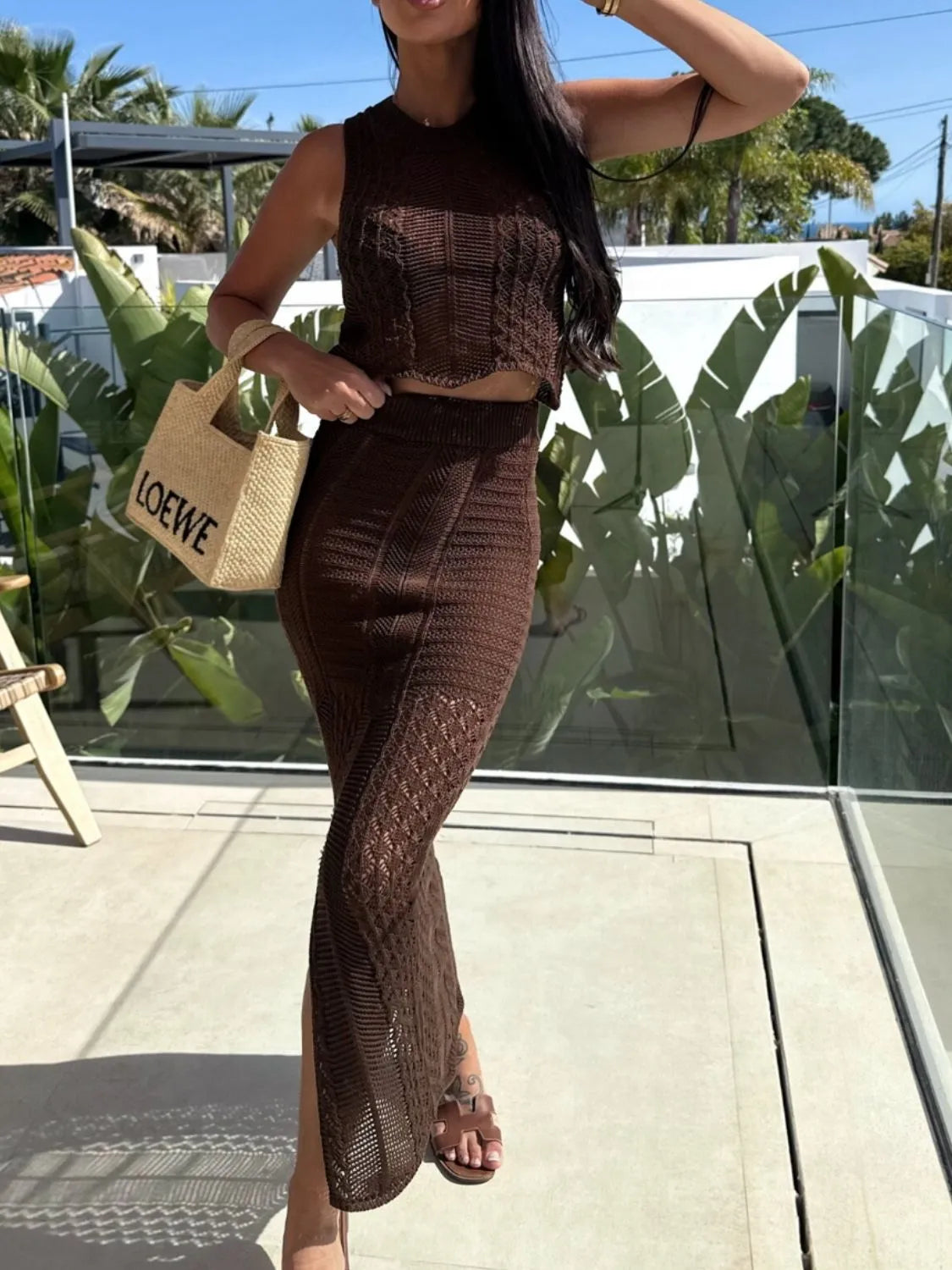 Openwork Round Neck Top and Slit Skirt Sweater Set