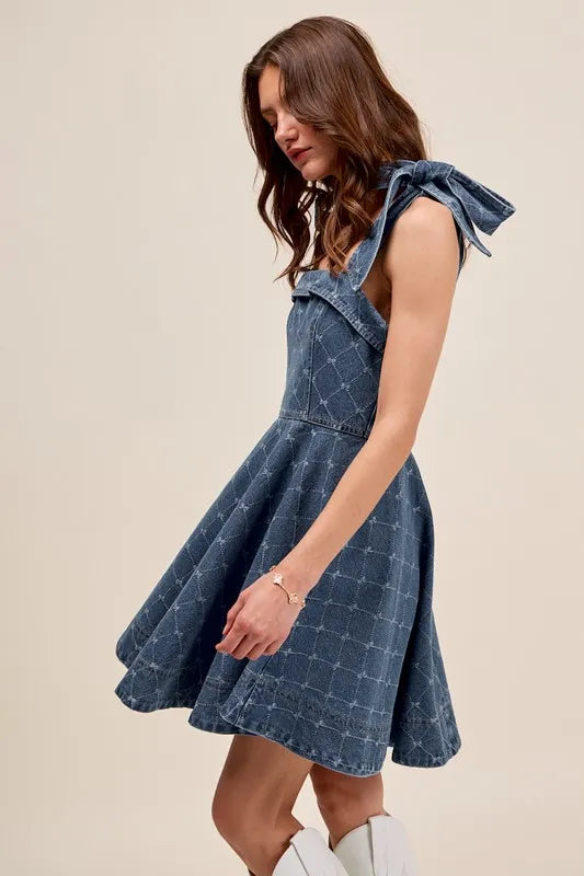 SO ME A Line Fit and Flare Diamond Bow Ribbon Denim Dres