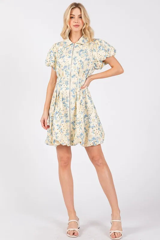 GeeGee Floral Eyelet Zipper Front Puff Sleeve Mini Dress