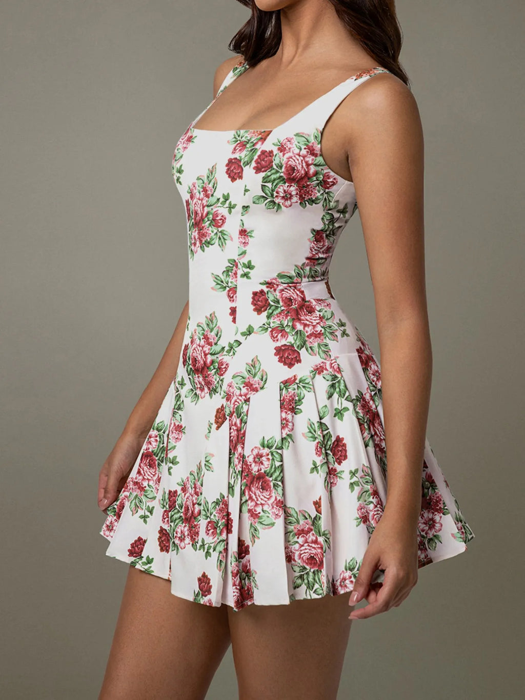 Pleated Floral Print Square Neck Mini Dress