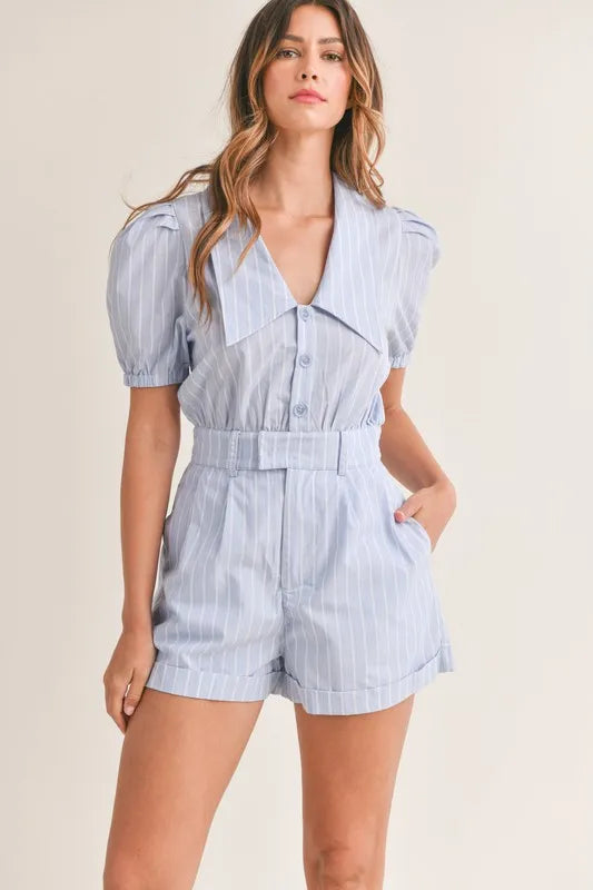 MABLE Striped Puff Sleeve Collared Neck Romper