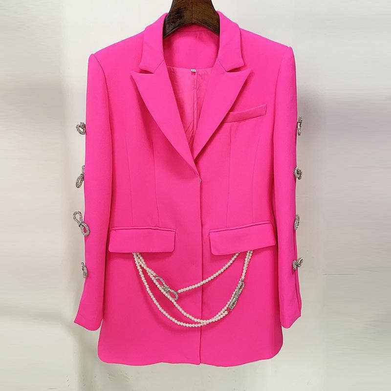 Holly Pink Oversized Blazer with Rhinestone Bowtie and Pearl