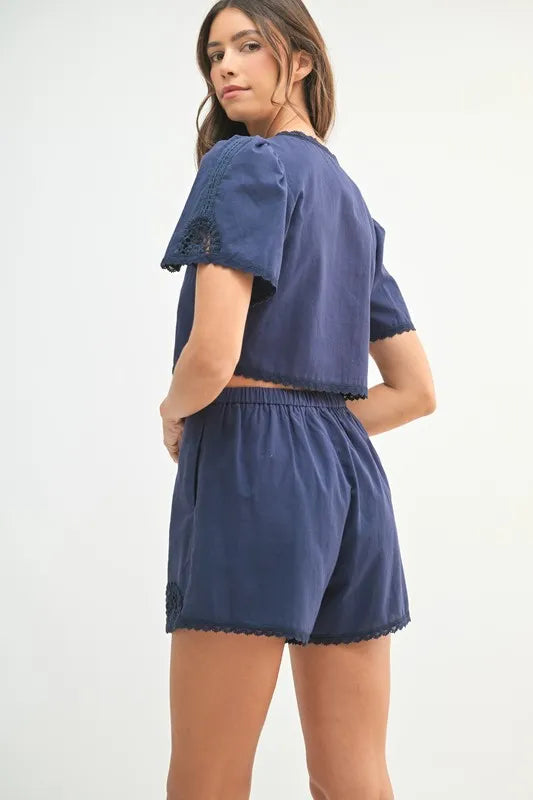 MABLE Crochet Lace Detail Crop Top and Shorts Set