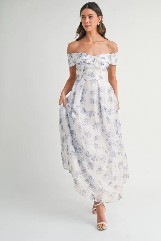 MABLE Floral Printed Off Shoulder Maxi Dress