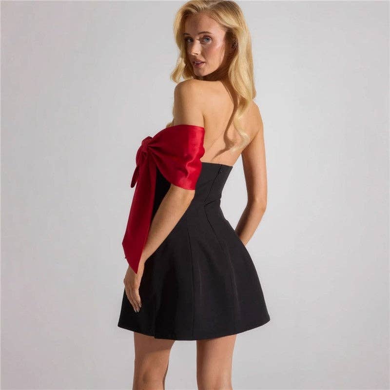 Off-Shoulder Color Block Bow Mini Dress