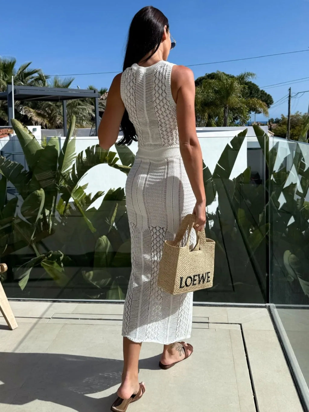 Openwork Round Neck Top and Slit Skirt Sweater Set