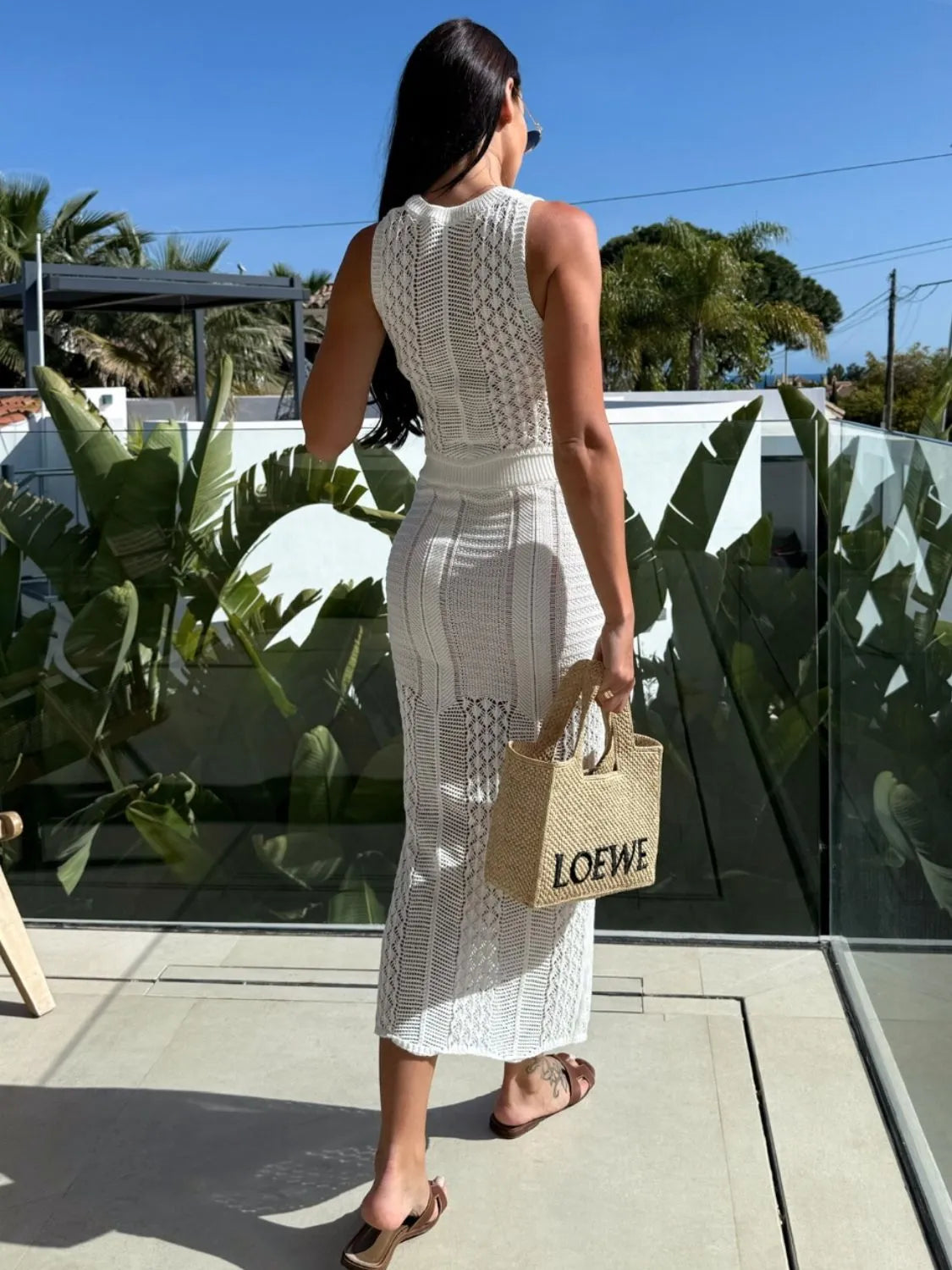 Openwork Round Neck Top and Slit Skirt Sweater Set