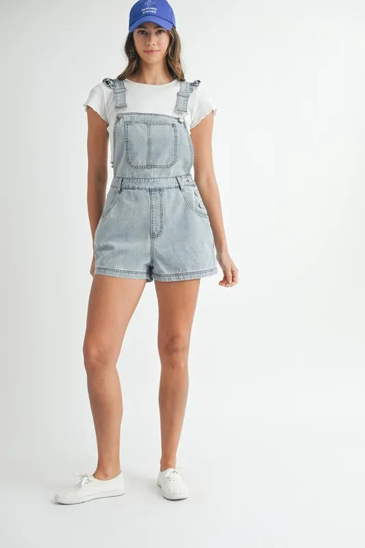 MABLE Square Neck Ruffle Shoulder Denim Overall Romper