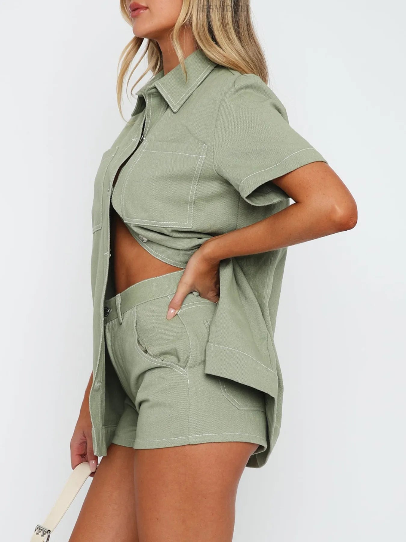 Button Up Short Sleeve Top and Shorts Denim Set