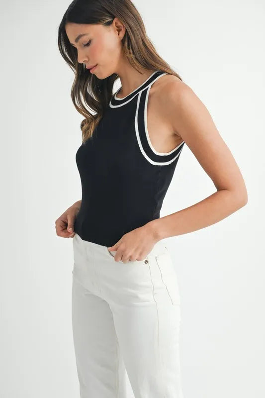 MABLE Contrast Trim Grecian Neck Cropped Tank