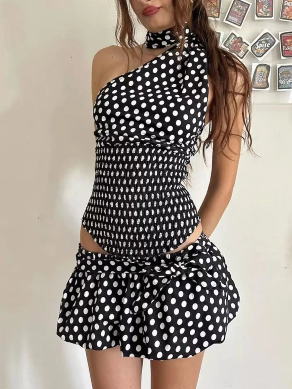 Polka Dot One-Shoulder Top and Mini Skirt Set