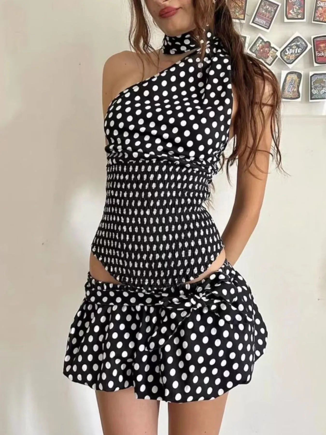 Polka Dot One-Shoulder Top and Mini Skirt Set