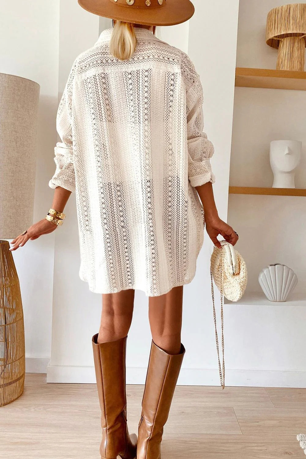 Lace Crochet Collared Neck Oversized Shirt