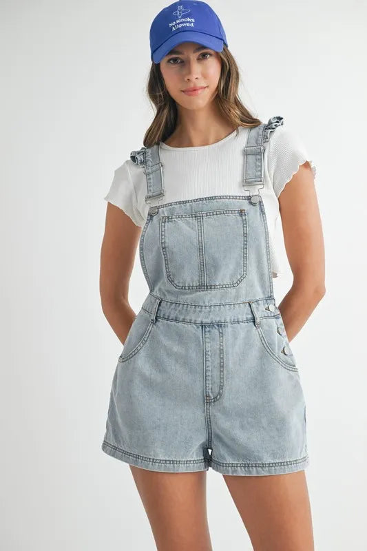 MABLE Square Neck Ruffle Shoulder Denim Overall Romper