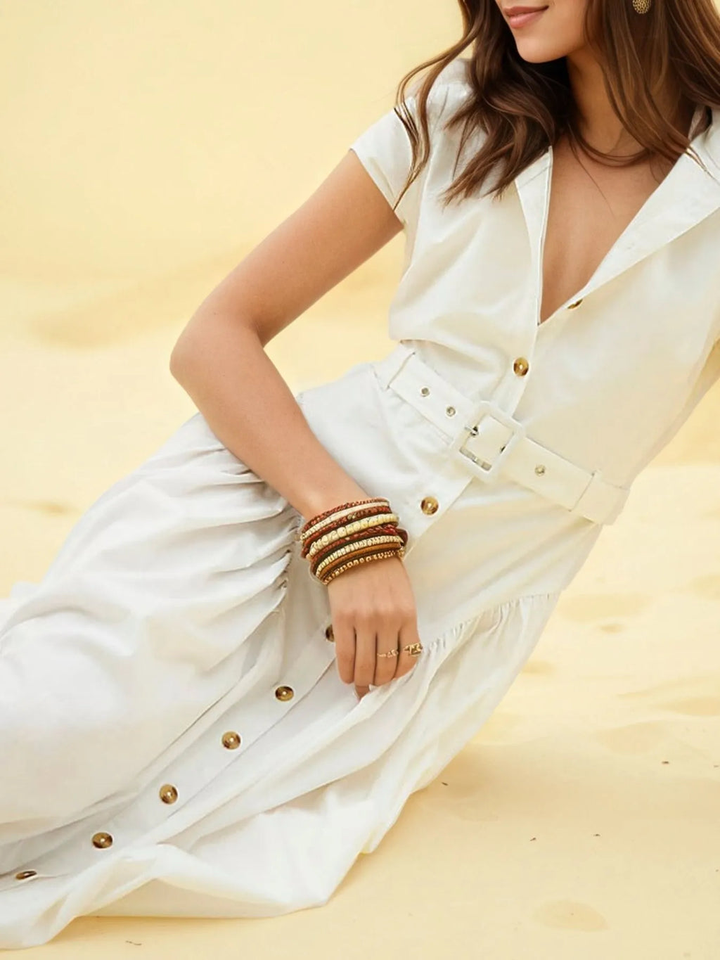 Button-Front Cap Sleeve Midi Shirt Dress