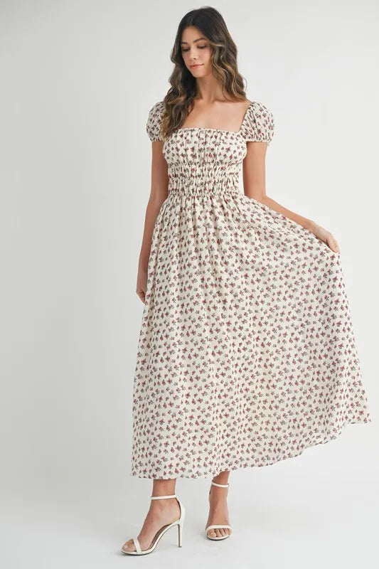 MABLE Floral Print Puff Sleeve Gathered Midi Dress