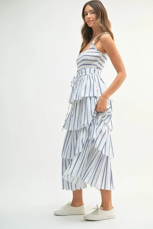 MABLE Pin Stripe Smocked Bodice Layered Midi Dress