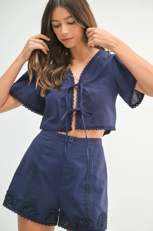 MABLE Crochet Lace Detail Crop Top and Shorts Set