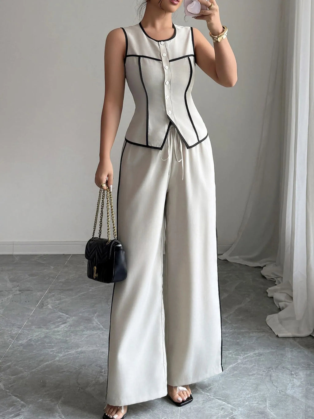 Contrast Piping Round Neck Top and Wide-Leg Pants Set