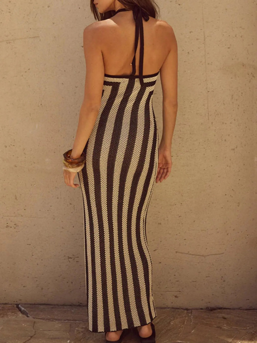 Slit Striped Halter Neck Dress