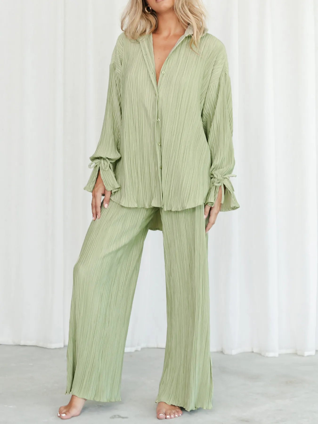 Button Up Long Sleeve Top and Pants Set