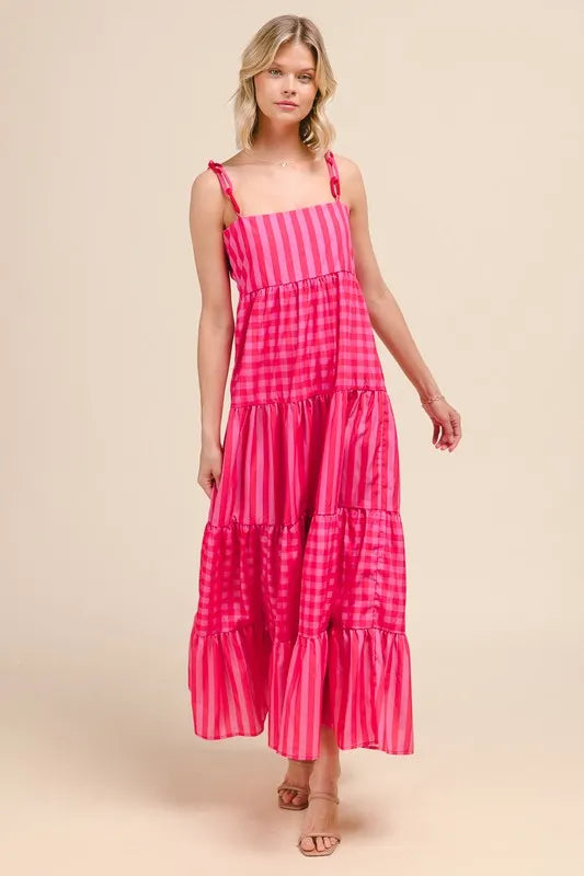 SO ME Stripe Tiered Maxi Dress with Colorful Chain Strap