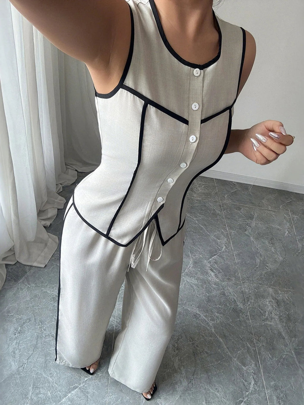 Contrast Piping Round Neck Top and Wide-Leg Pants Set