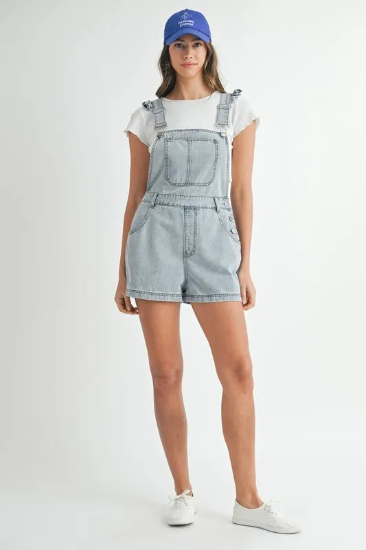 MABLE Square Neck Ruffle Shoulder Denim Overall Romper