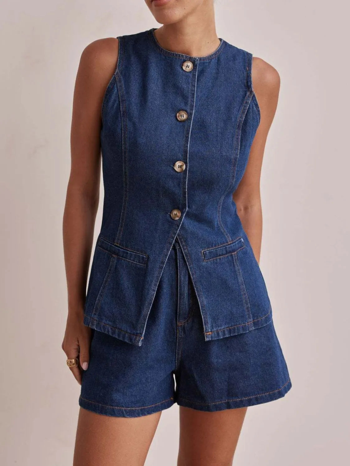 Button Down Vest and Shorts Denim Set