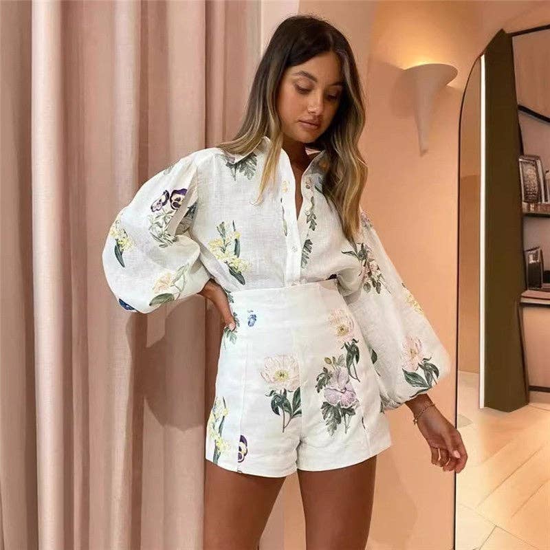 Printed Long Sleeve Shirt High Waist Shorts Set