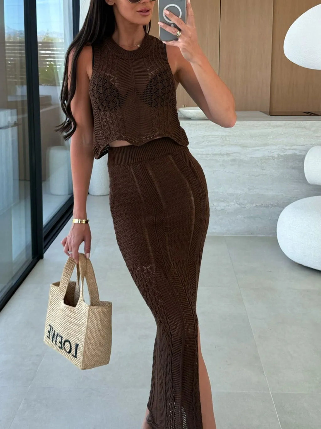 Openwork Round Neck Top and Slit Skirt Sweater Set