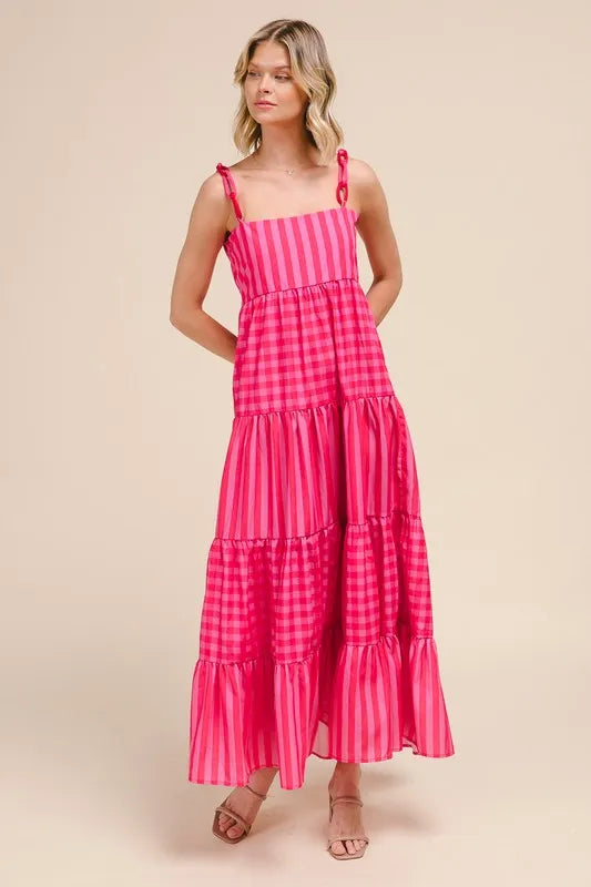 SO ME Stripe Tiered Maxi Dress with Colorful Chain Strap