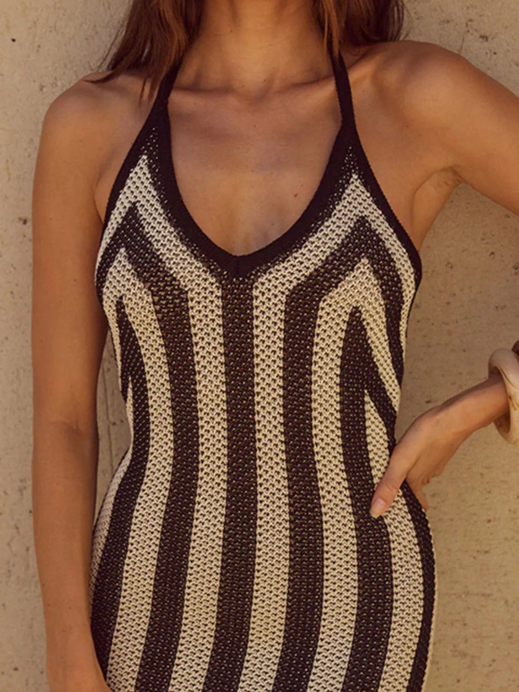 Slit Striped Halter Neck Dress