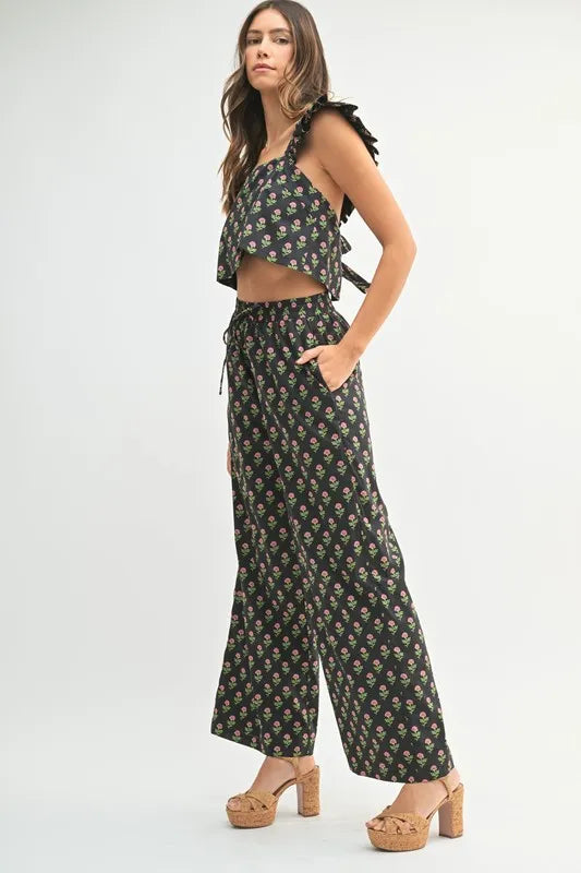 MABLE Floral Print Ruffle Top and Pants Set