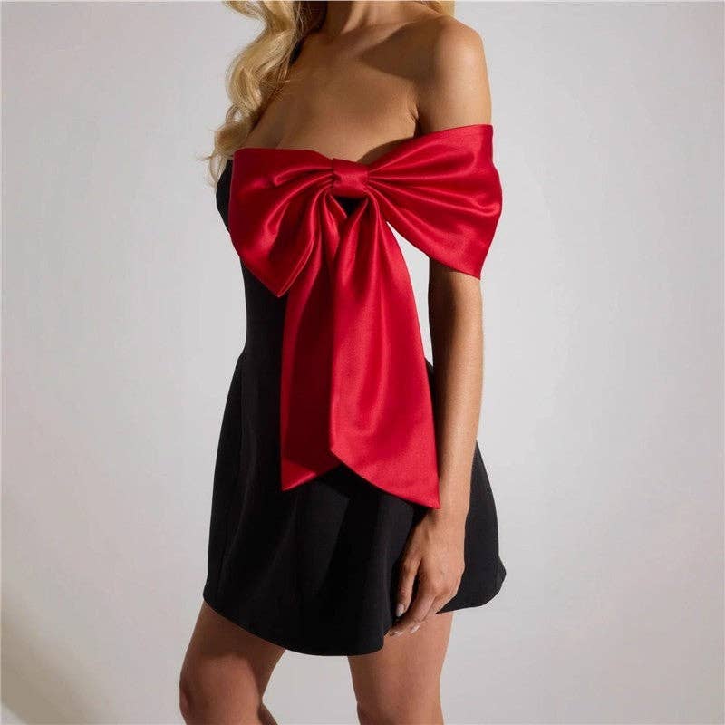 Off-Shoulder Color Block Bow Mini Dress