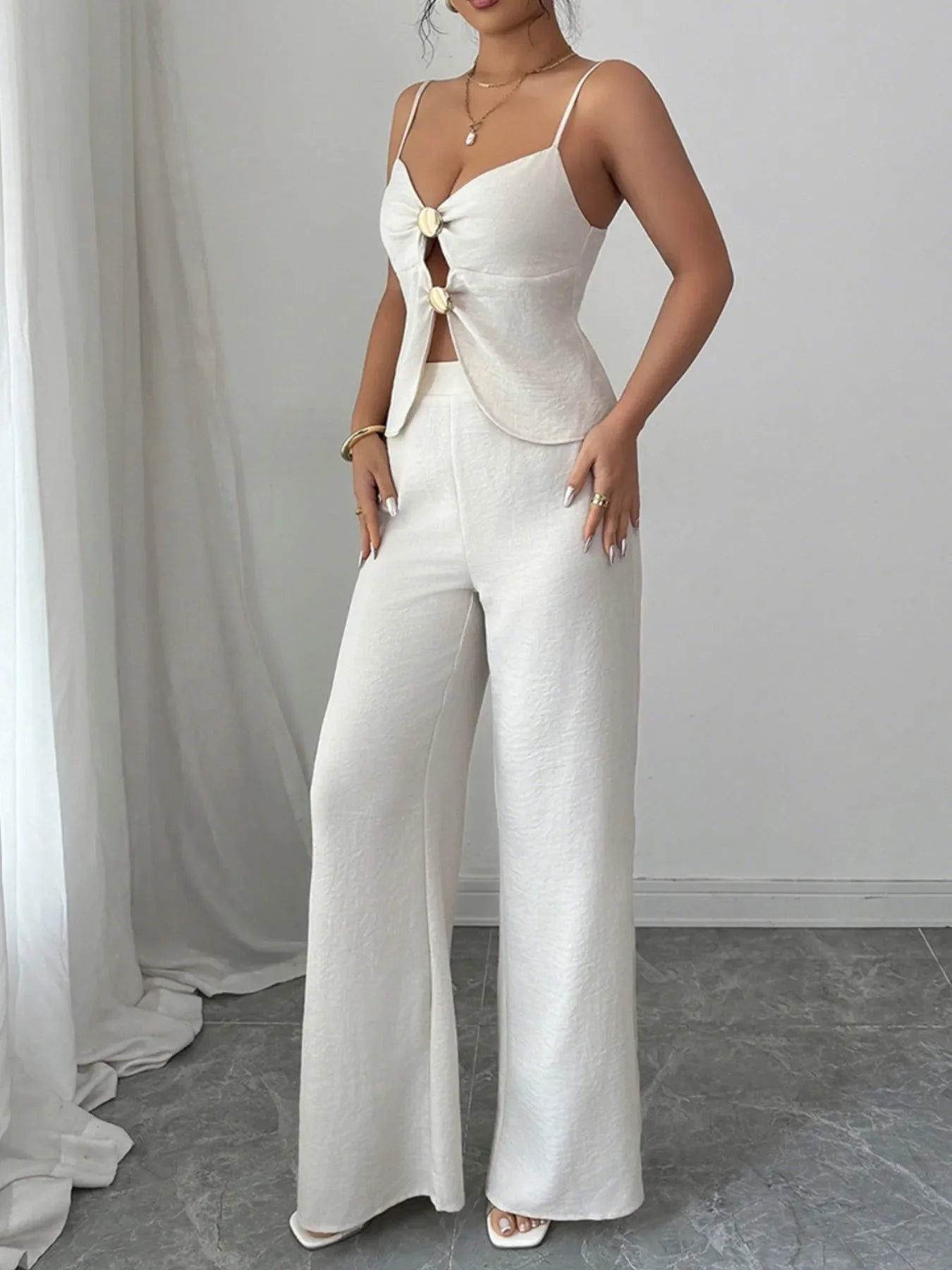 Cutout Back Zipper Cami and Wide Leg Pants Set