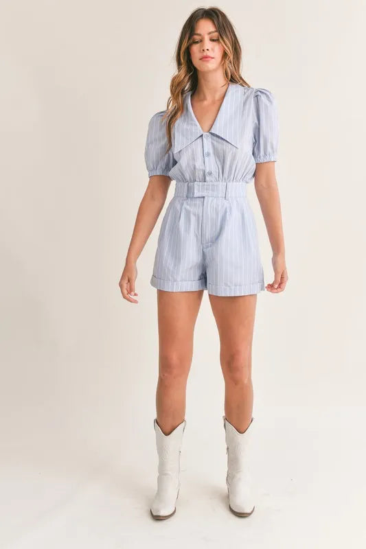 MABLE Striped Puff Sleeve Collared Neck Romper