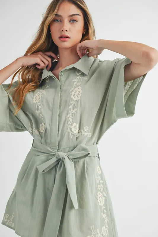 MABLE Embroidered Button Down Collared Neck Romper