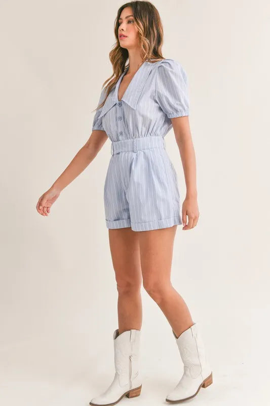 MABLE Striped Puff Sleeve Collared Neck Romper