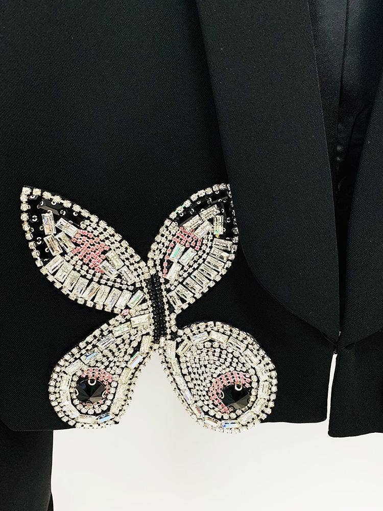 Madeline Black Crystal Butterfly Black Blazer and Mini Skirt Two Piece Set