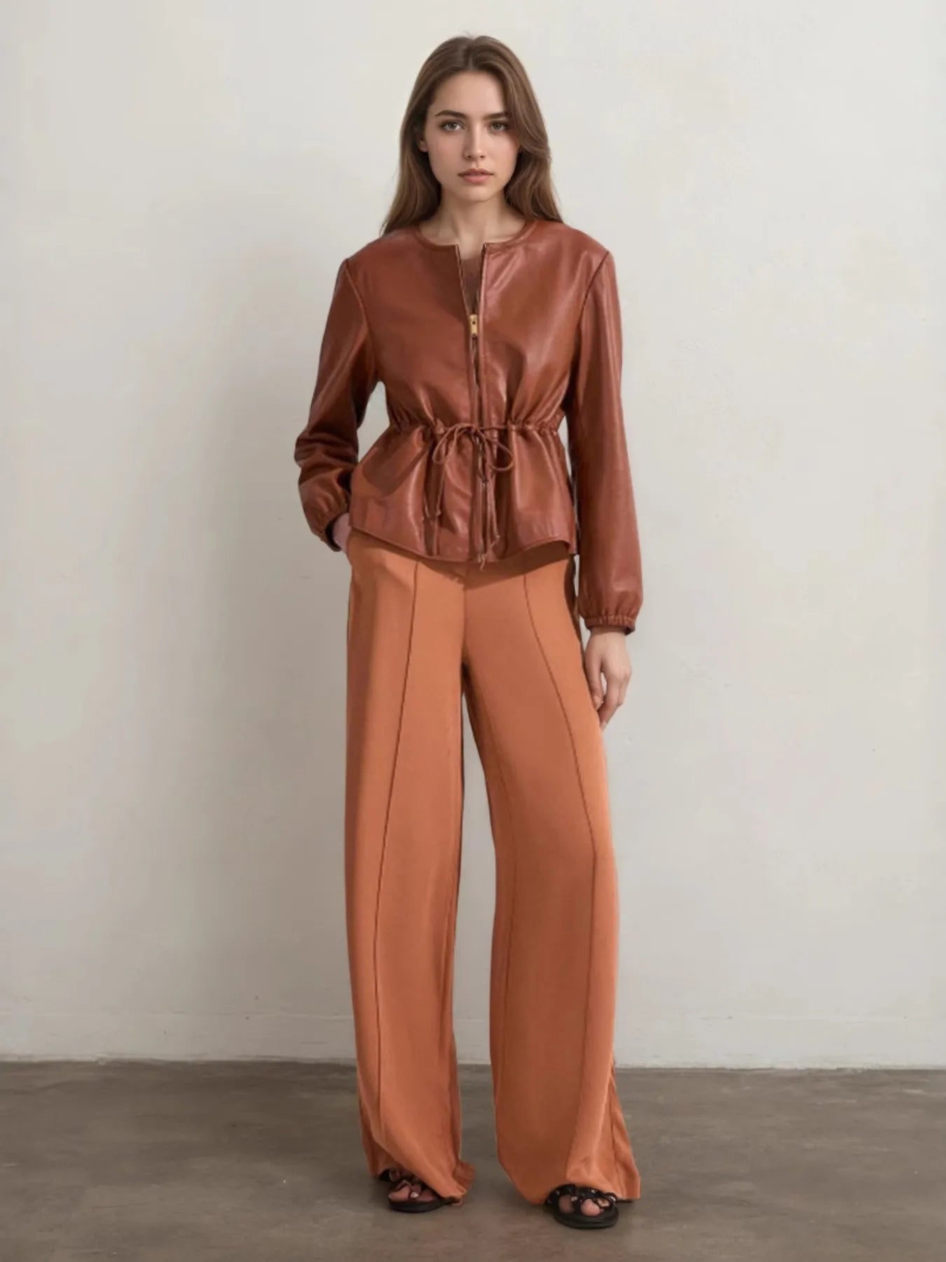 Drawstring Zip Up Leather Jacket