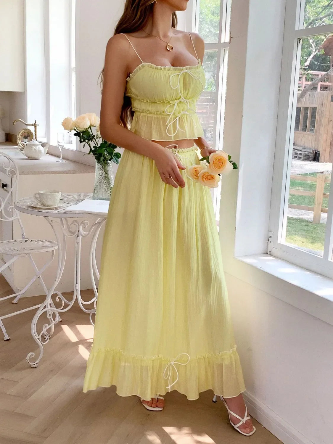 Frill Square Neck Cami and Skirt Set