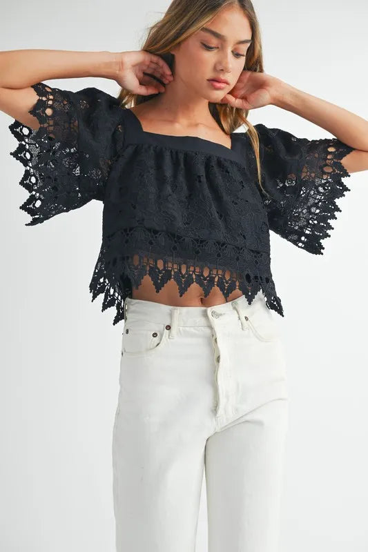 MABLE Square Neck Crochet Lace Top With Double Bow Tie
