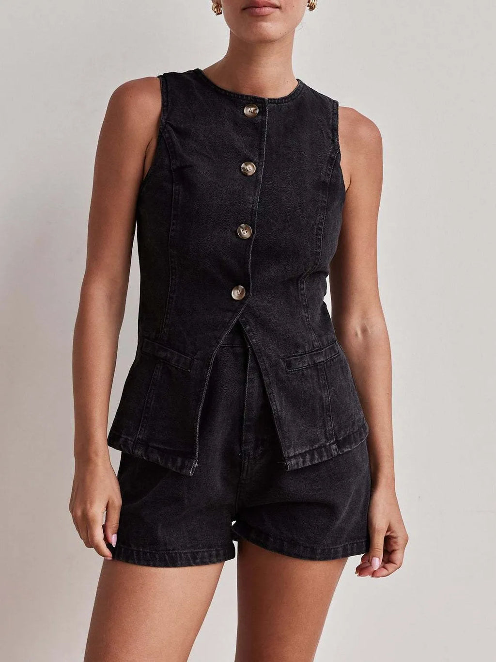 Button Down Vest and Shorts Denim Set